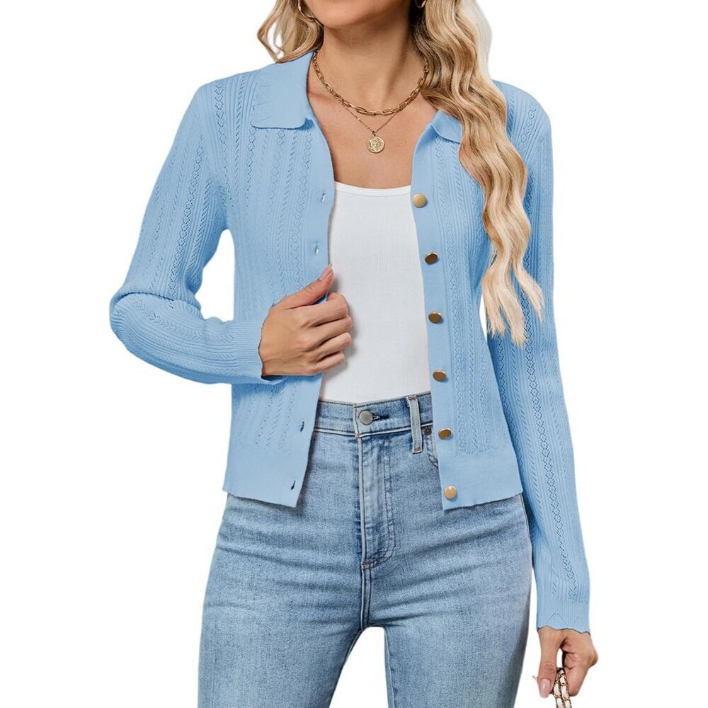 Cropped Sweater Womens Knit Lightweight Button Collared Long Sleeve Fall Outfit